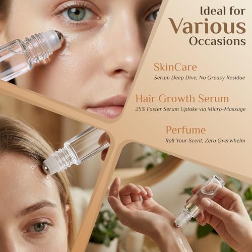 PrettyCare 24 Pack, 10 ml Essential Oil Roller Bottles with Stainless Steel Roller Ball - Refillable Leak-proof Empty Thick Clear Glass Roll on Bottles with Black Caps for Travel, Perfume - color: Clear with Black Cap, size: 24 Pack