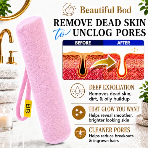 Back Scrubber for Shower - Beautiful Bod Patented 13-Inch Exfoliating Loofah with Built-in Handle, Easily Reaches Entire Back, Full Body Shower Scrubber for Back Washing, Exfoliation & Skin Smoothing - color: Bright Pink