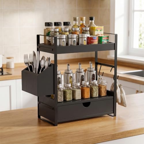 Kottwca 2-Tier Bathroom Counter Organizer with Drawer, Basket & Hooks, Wooden Vanity Shelf for Skincare, Perfume & Makeup Storage(Black) - color: Black