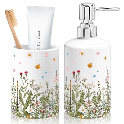 FYSUIMU Wildflower Bathroom Toothbrush Holder Set Green Vintage Floral Ceramic Soap Dispenser with Tooth Brush Organizer for Modern Bathroom Accessories Countertop Decor - color: Wildflower