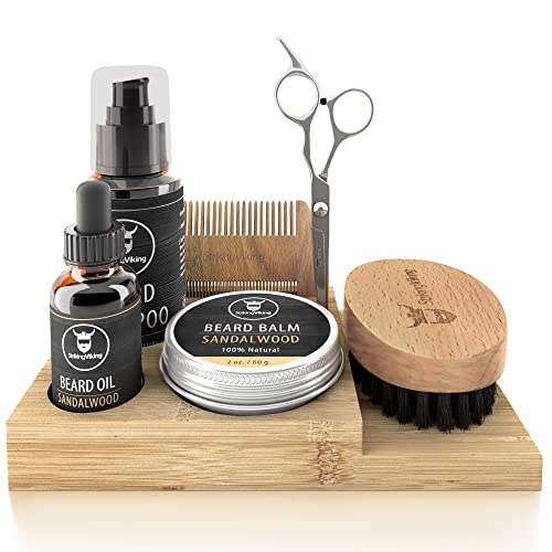 Striking Viking Beard Grooming Kit w Caddy - 7-Piece Set, Sandalwood - Softening Sandalwood Beard Oil & Balm - Brush with Mustache Comb & Scissors - Compact Caddy Organizer & Gifts for Men