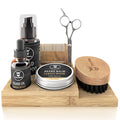 Striking Viking Beard Grooming Kit w Caddy - 7-Piece Set, Sandalwood - Softening Sandalwood Beard Oil & Balm - Brush with Mustache Comb & Scissors - Compact Caddy Organizer & Gifts for Men