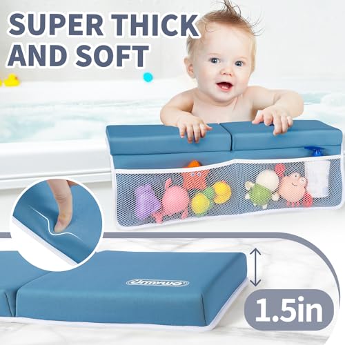 URMYWO Bath Kneeler and Elbow Rest Pad Set - 1.5" Thick Baby Bath Kneeler Pads with Toys Organizer, Anti-Slip Cozy Knee & Arm Support Bathtub Mat, Quick Dry Kneeling Pad for Baby Bath Time - color: Bluea