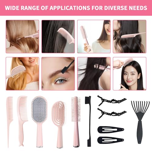 Hair Brush Set, Professional Styling Tools with Combs and Accessories, Pink, Gift Box Included (Pink Brush+Pink Comb) - color: Pink Brush+Pink Comb