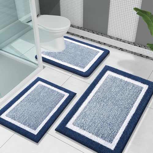 OLANLY Bathroom Rugs Sets 3 Piece, Soft Absorbent Microfiber Bath Mats and U-Shaped Contour Toilet Rug, Home Decor Accessories, Non-Slip, Bath Mat Set for Bathroom (30"x20"+24"x16"+24"x20", Navy) - color: Navy and White, size: 30" X 20" + 24" X 16" + U Sh