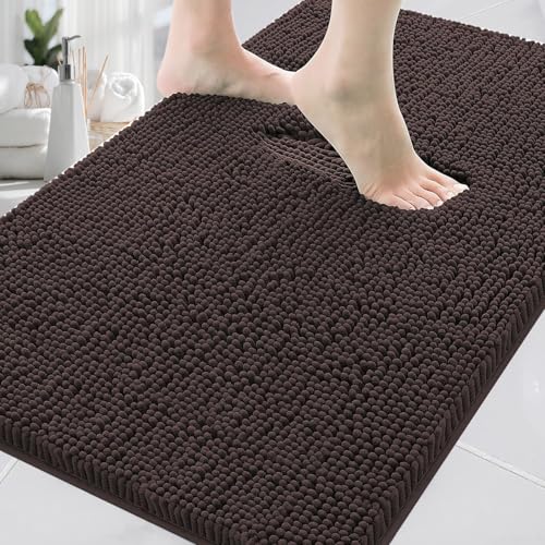 Chenille Bath Rug, Ultra Soft Absorbent Bathroom Mat, Non-Slip PVC Backing, Machine Washable, 23x14, Coffee - color: Coffee, size: 23" x 14"