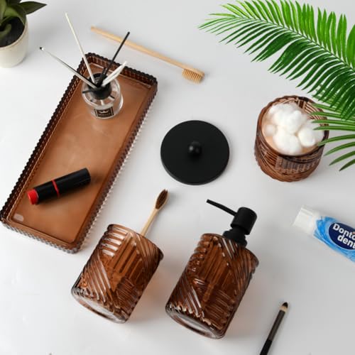 Bathroom Accessories Set,4 Pcs Amber Glass Bathroom Accessories Sets Complete with Lotion Soap Dispenser,Toothbrush Holder,Qtip Holder Dispenser and Vanity Tray,Bathroom Countertop Vanity Organizer - color: Amber Brown