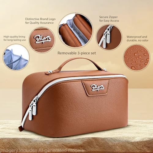 BOYATU Travel Makeup Bag Cosmetic Bags for Women: Large Capacity 3 Pcs Set Make up Bag with Compartments - Waterproof Vegan Leather Toiletry Organizer Bags with Handle (L25Brown) - color: L25Brown