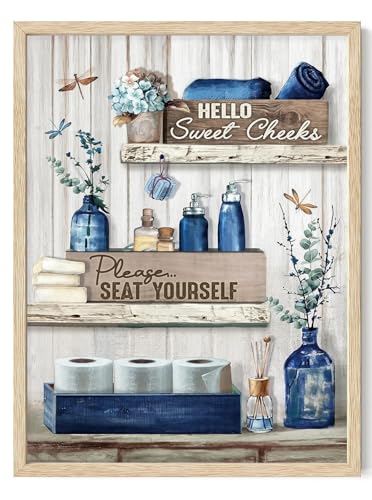 KISSFOX Framed Wall Art Bathroom Wall Decor Farmhouse Pictures Eucalyptus Dragonflies Canvas Art Rustic Inspirational Quotes Paintings Artwork For Restroom - color: Vase-Blue, size: 16x20 in