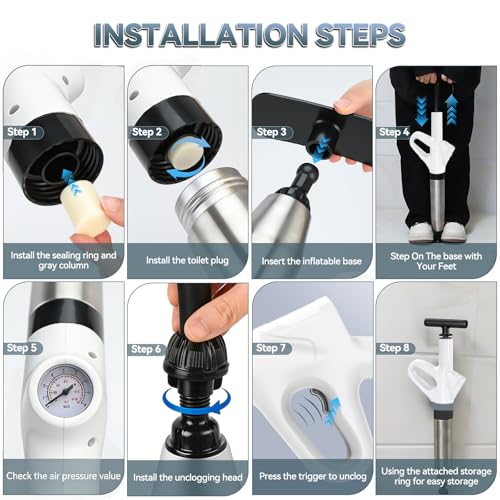 Toilet Plunger, High Pressure Drain Unclogger Plungers with Pressure Gauge, toilet auger Air Drain Blaster, Versatile Heavy Duty Clog Remover for Bathroom, Kitchen, Floor Drain (Gray) - color: Gray