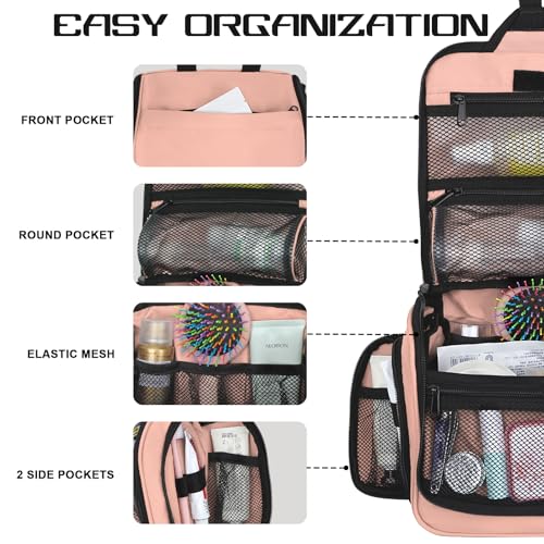 Goloni Hanging Toiletry Bag, 10 Compartments Water-Resistant Makeup Bag with 360° Spinning Metal Hook, Large Travel Cosmetic Organizer for Men & Women, Pink (7.05oz) - color: Pink