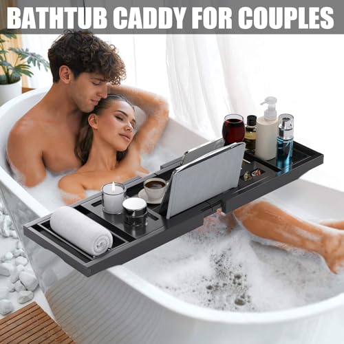 Bathtub Tray Caddy, Expandable Bath Trays for Tub, Bamboo Shelf & Table with Wine Glass Holder,Bathroom Accessories for New Home & Mothers Day & Birthday Gifts for Mom,Black - color: Black