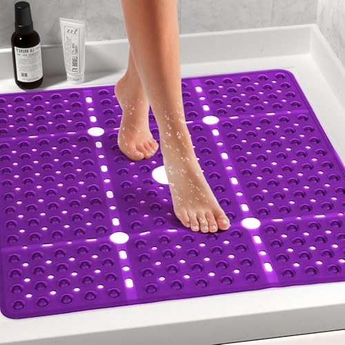Large Square Shower Mat 27 x 27 Inch Clear Purple, Non Slip Shower Bathtub Mats for Inside Shower With Big Suction Cups Drain Holes, Anti Slip Bathroom Floor Stall Mats, Easy Clean, BPA-Free - color: Clear Purple