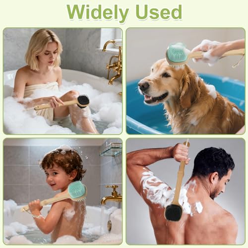 Silicone Back Scrubber for Shower, 2 PCS Silicone Bath Body Brush Loofah with Long Handle, Dual-Sided Shower Brush for Body, Exfoliating Body Scrubber Back Washer for Men Women(Lake Blue +Black) - size: black+lack blue-2pcs