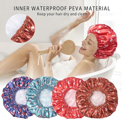 4 PCS Shower Cap for Women, Elastic and Reusable Bath Caps, Double Layers Shower Caps Reusable Waterproof, Bathing Shower Caps, Environmental Bath Hair Protection Cap - Chrismas Pattern - color: Chrismas Pattern 4 PCS/Set