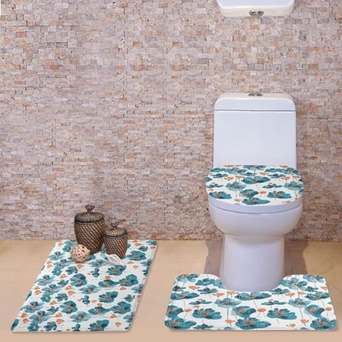 Blue Floral Soft Bathroom Carpet 3 Piece Bathroom Rugs and Mats Sets Non-Slip Mat Set Toilet Mat Set Bath Mats Set 3 Piece Set,with U-Shaped Toilet Floor Mat Non Slip Rugs - color: Blue Floral