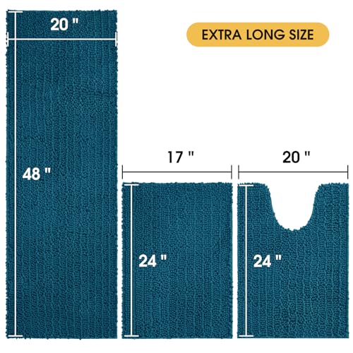 ACCUMTEK Upgrade Extra Large Teal Blue Bathroom Rug Set 3 Pieces Ultra Soft, Thick Absorbent Bath Mats, Non Slip Chenille Toilet Mat for Bathroom, Bedroom, Kitchen - color: Teal Blue, size: 48"x20"+24"x17"+U Shape24"x20"