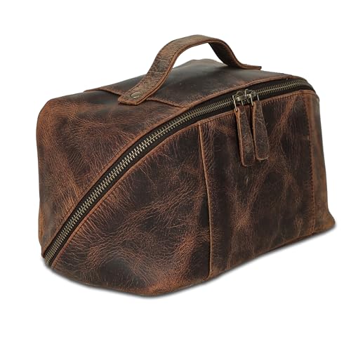 KomalC Luxury Leather Men’s Toiletry Travel Bag – Handmade Shaving Kit with Waterproof Interior, Spacious Storage & Carry Handle – leather travel Kit Bag for Men & Women (Dark Brown) - color: Dark Brown