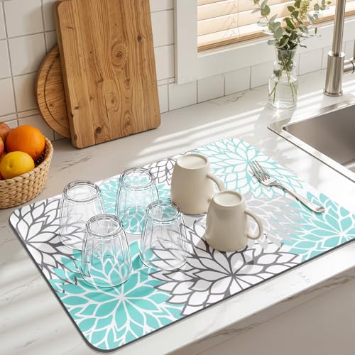 Findosom Dish Drying Mat, 12" x 20" Super Absorbent Dish Mat with Floral, Hide Stain Drying Mat for Kitchen Counter, Under Dish Rack, Coffee Maker, Espresso Machine, Teal - color: Teal, size: 12" x 20"