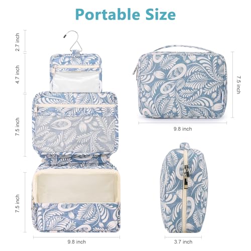 Mossio Hanging Toiletry Bag with Sturdy Hook - Large Portable Cosmetic Makeup Travel Organizer for Men & Women - color: Blue Leaf