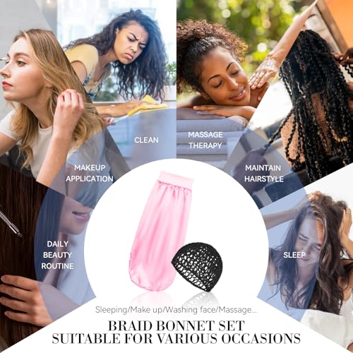 Braid Bonnet-Mesh Hair Nets for Sleeping Set Long Hair Bonnet Satin Reusable Elastic Mesh Wrap Cap for Curly, Braids Hair Anti Frizz 2 Piece Set(black net, pink bonnet) - color: Black Net, Pink Bonnet