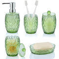 Modern Shatterproof Acrylic Olive Green Bathroom Accessories Set – 5-Piece Glass-Free Vanity Set with Soap Dispenser, Toothbrush/Makeup Brush Holder, 2 Cotton Jars with Lids, and Soap Dish
