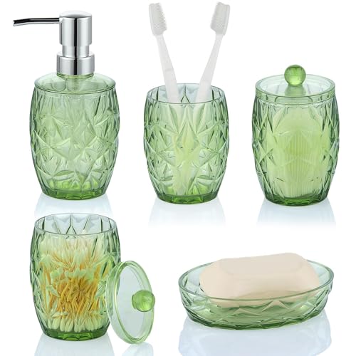 Modern Shatterproof Acrylic Olive Green Bathroom Accessories Set – 5-Piece Glass-Free Vanity Set with Soap Dispenser, Toothbrush/Makeup Brush Holder, 2 Cotton Jars with Lids, and Soap Dish