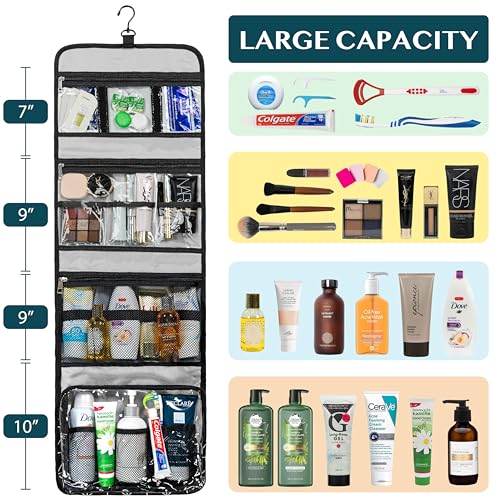 PAVILIA Travel Hanging Toiletry Bag for Women Men, Large Capacity Makeup Bag Kit, Waterproof Cosmetic Storage Organizer Case for Bathroom Shower - color: Black Chevron, size: Extra Large