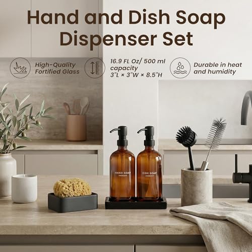 Maisonovo Kitchen Soap Dispenser Set - Hand and Dish Soap Dispenser Set with Amber Glass Soap Dispenser, Black Pumps & Ceramic Tray - color: Amber Bottles/ Black Pumps/ Black Ceramic Tray