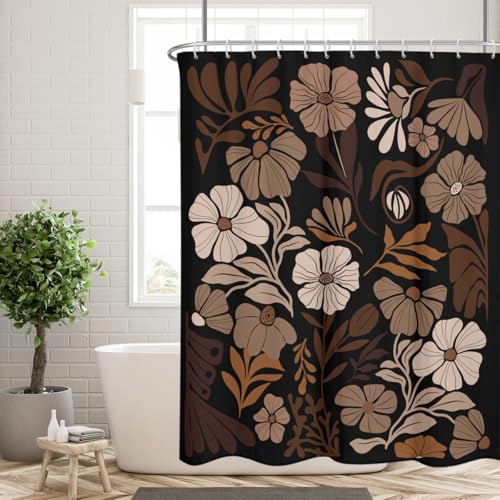 Moody Boho Floral Shower Curtain, 60x72 Inch Black and Brown Tan Wildflower Patterns, Vintage Taupe Botanical Polyester Fabric with 12 Hooks, Dark Nature Decor - color: Brown, size: 60"W x 72"L (Pack of 1)