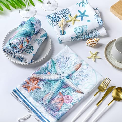 Boyiee Set of 6 Beach Kitchen Towels Coastal Ocean Dish Towels Sea Nautical Tea Towels Absorbent 24 x 16 Inches Shell Coral Starfish Hand Towels Summer Gifts for Farmhouse Kitchen Bathroom Decorations - color: Ocean