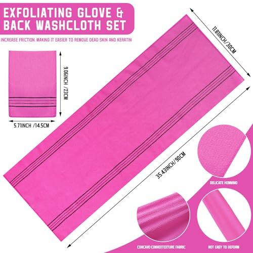 Hosuly 2 Pcs Korean Exfoliating Washcloth and Mitts Set Long Exfoliating Back Italy Towel Scrub Mitt Wash Cloth Scrubber for Women Men Shower Dead Skin Removing Dry Skin (Rose Red) - style: Rose Red