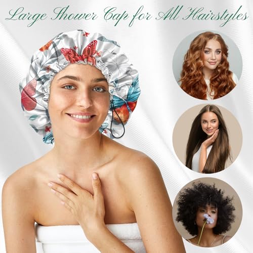 2 PCS Shower Cap Waterproof Double Layer Elastic Adjustable Reusable Hair Bath Caps for Girls Women Cute Aesthetic-White - color: G5-White