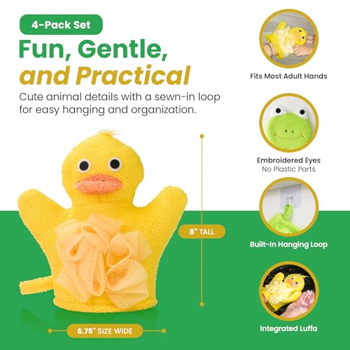 Made Easy Kit Hand Puppet Bath Wash Mitt Towel with Animal Designs with Loofahs for Fun Interactive Bathing Time (Green Yellow Pink Blue) - color: Green Yellow Pink Blue