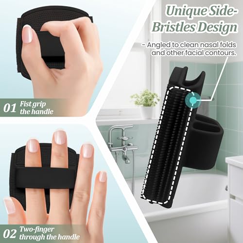 Silicone Back/Body/Face Scrubber & Lymphatic Contour Face Brush Set 4PCS, 13.4'' Soft Back Scrubber, 360° Anti-Slip Bath Glove, Unique Side-bristled Face Scrubber for All-Round Cleaning(Black) - color: Black*4