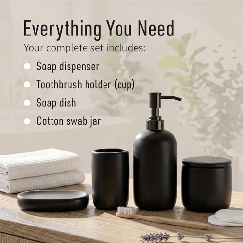Ceramic Bathroom Accessories Set 4 Pcs – Modern Scandinavian Neutral Bathroom Soap Dispenser Set with Toothbrush Holder, Soap Dish & Cup – Minimalist Bathroom Accessory Set Decor - Black - color: Black