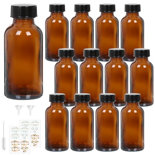STARSIDE 12 Pack 4 oz Amber Glass Bottles with Lids, 120 ml Round Boston Bottles for Essential Oils, Hot Sauce, Juice, Liquids, Include 1 Brush,1 Funnel, 12 Labels. - size: S