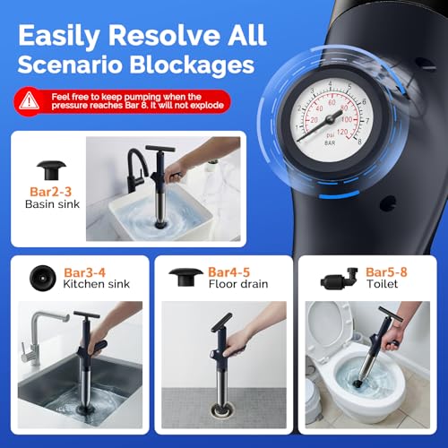HAMITOR Toilet Plunger Drain Clog Remover: High Pressure Air Plunger & Heavy Duty Toilet Snake with Barometer for Sink, Drain Clogs - Unclogging Tool for Failed Traditional Plungers, Ink Black