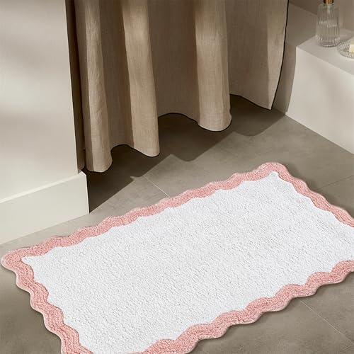 Cotton Scalloped Bathmat with Antiskid 20"x32" Blush Pink – 100% Cotton Scalloped Bath Mat, Anti Skid, Soft & Absorbent Bathroom Rug for Shower, Tub & Entryway - color: Blush Pink, size: 1'8" x 2'8" (Rectangular)