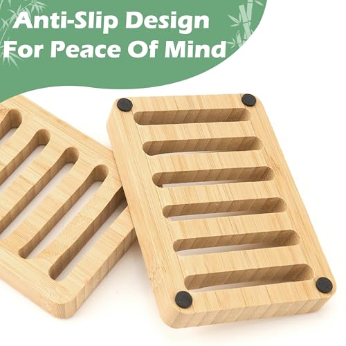 4 Pack Bamboo Soap Dish, Bar Soap Holder Self Draining Soap Dish Natural Bamboo Soap Holder Waterproof Anti-Slip Wooden Soap Dishes for Bar Soap Saver Tray for Shower Bathroom Kitchen Sink Bathtub