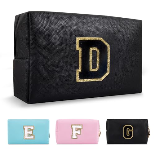 Personalized Initial A-Z Preppy Patch Makeup Bag,Small PU Chenille Letter Cosmetic Bag with Zipper for Teen Girls,Black Cute Toiletry Organizer Bag,Monogram Makeup Case Gift for Women Girls,Letter D - color: Black,Black-Letter, size: D