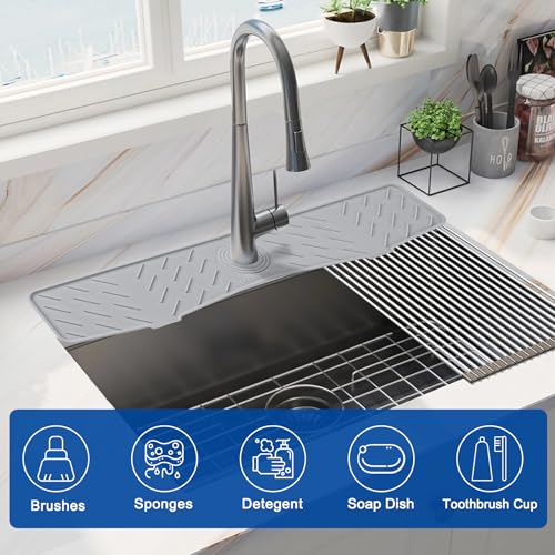 Faucet Mat for Kitchen Sink – 24” x 5.1” Extra-Long Silicone Splash Guard with 10° Slope & Upgraded Drainage – Gen 3 Sink Water Catcher & Sponge Holder for Kitchen, Bathroom (Gray) - color: Gray, size: 24 in