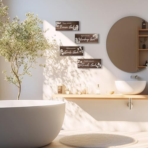 ONIZHITY 4 Pieces Brown Bathroom Decor Farmhouse Bathroom Accessories Rustic Religious Art Bible Verse Wooden Signs with Vintage Country Decor for Home Laundry Room (Brown, 10x4 Inch) - color: Brown
