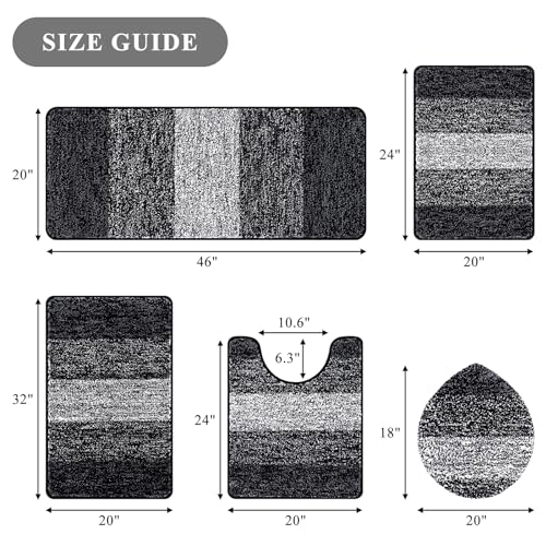 Bsmathom Bathroom Rugs Sets 5 Piece, Soft Absorbent Microfiber Bath Rugs with U-Shaped Contour Toilet Rug and Toilet Lid Cover, Thick Non-Slip Plush Shaggy Bath Mat Set,Black - color: Black, size: 18"x26"+20"x31"+20"x48"+U20"x24"+Cover19"x21"