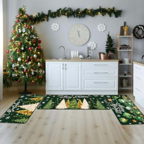 Drydiet 3 Pcs Green Christmas Kitchen Rug and Mat Set Xmas Tree Snowflakes Kitchen Floor Mat Waterproof Non Slip Farmhouse Merry Christmas Doormat Holiday Xmas Decor for Home Office Bathroom Decor - color: Green, style: Christmas Tree