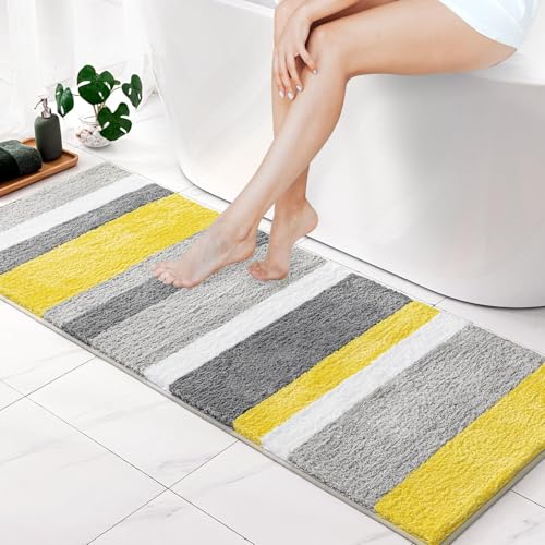 MIULEE Yellow Grey Bathroom Rug 16 * 48 Inch, Soft Thick Microfiber Striped Bath Mat, Non Slip Fluffy Plush Machine Washable Quick Dry for Bathroom Decor, Floor Tub and Shower - size: 16”x48”