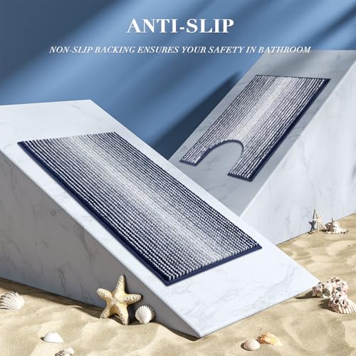 BSICPRO Bathroom Rugs Sets 3 Piece, Toilet Rugs U-Shaped Contour Bath Mat Set, Striped Absorbent Non Slip Chenille Shower Mat, Navy Blue - color: Navy Blue, size: 20"x32"+16"x24"+U Shape 20"x24"