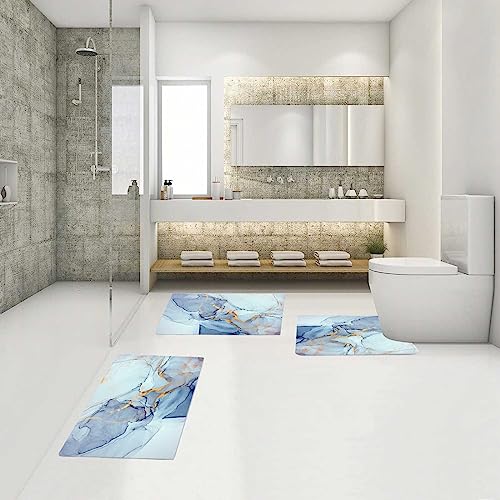 EMMTEEY Blue Marble Bath Rug for Bathroom Non Slip Bathroom Rugs Sets 3 Piece Toilet Rug with U Shaped Bath Mat Water Absorbent Low Pile Bath Mat Quick Drying Mat Shower Rugs for Bathroo - color: Blue