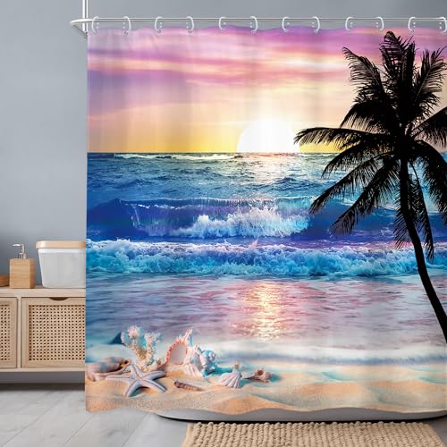 Newsely Ocean Sunrise Shower Curtain 72Wx72H Inch Beach Tropical Palm Tree Hawaiian Sunset Coastal Scenery Sea Wave Shower Curtain Bathroom Set Summer Waterproof Bath Decoration Accessories Home Decor - color: A-01beach Purple, size: 72"W x 72"L (Pack of