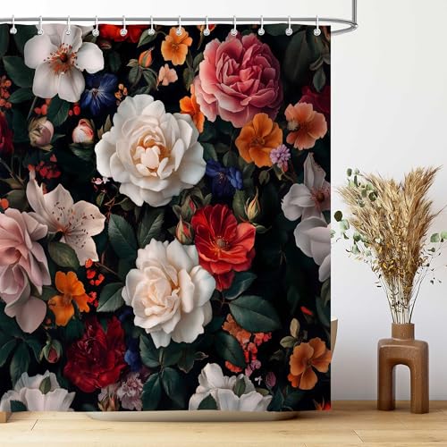 Vintage Black Floral Shower Curtain, Boho Dark Flowers Botanical Bathroom Decor Shower Curtain Sets, Waterproof Fabric Bathroom Curtain with Hooks, 72 x 72 inch - color: Floral Black, size: 72"W x 72"L (Pack of 1)